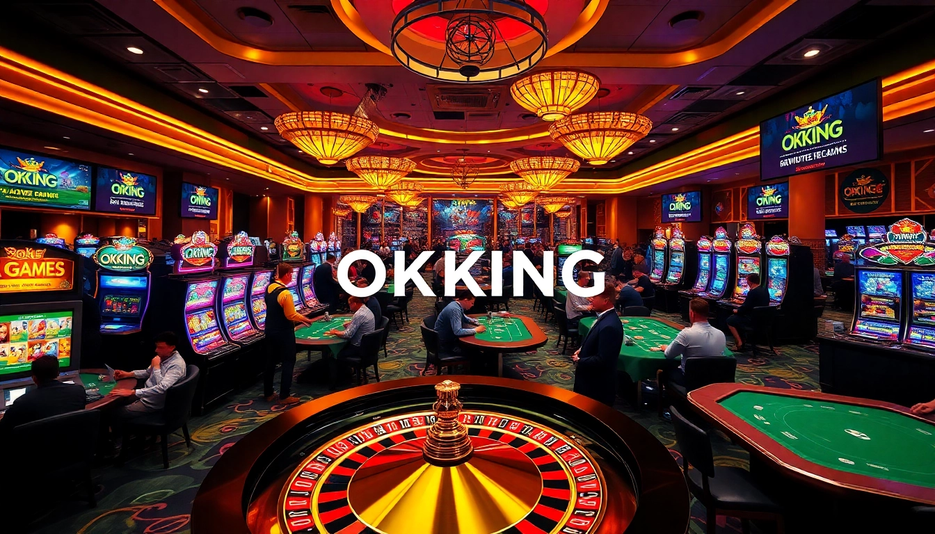 Players enjoying gaming excitement at OKKING casino with vibrant slot machines and poker tables.
