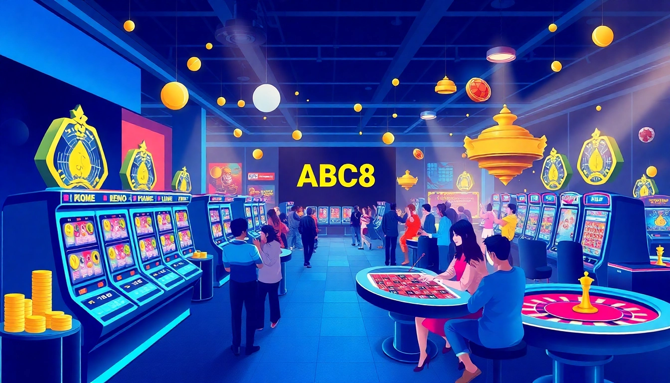 ABC8 online gaming platform with diverse players enjoying slots and live casino in a vibrant atmosphere.