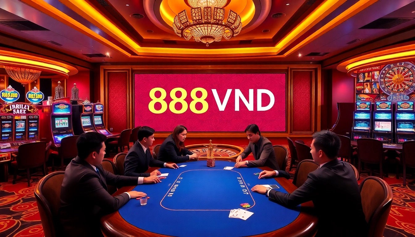 Play exciting games at 888VND casino, featuring poker tables and slot machines.