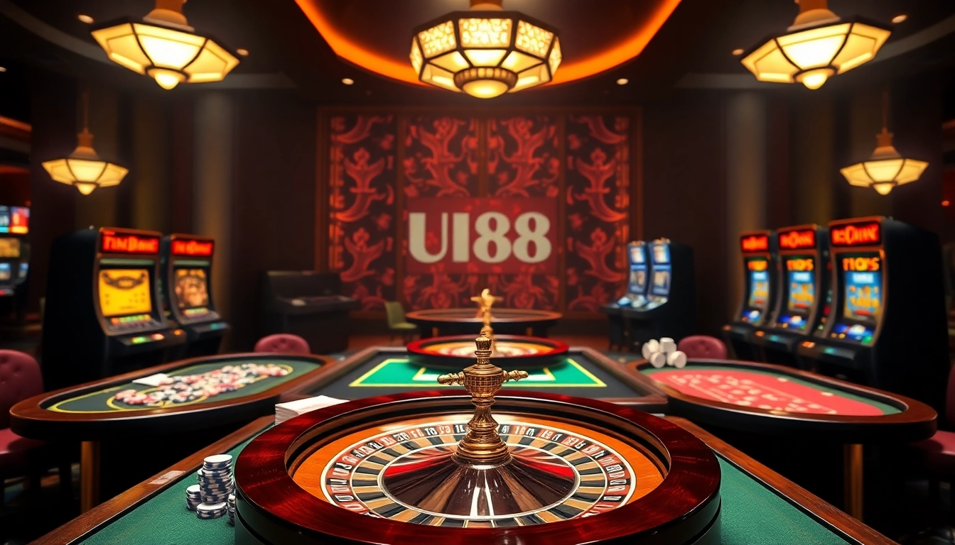 Experience thrilling games at UU88, featuring luxurious casino tables and vibrant online interfaces.