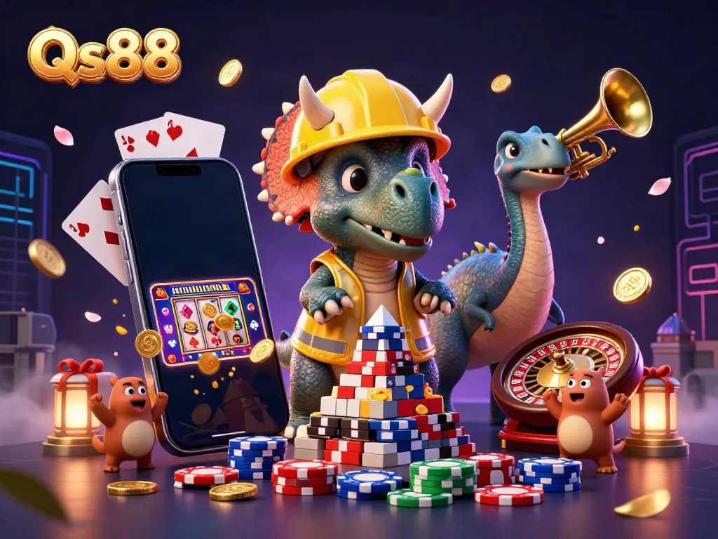 Experience the excitement of Qs88 with a festive illustration of a triceratops building poker chips while celebrating.