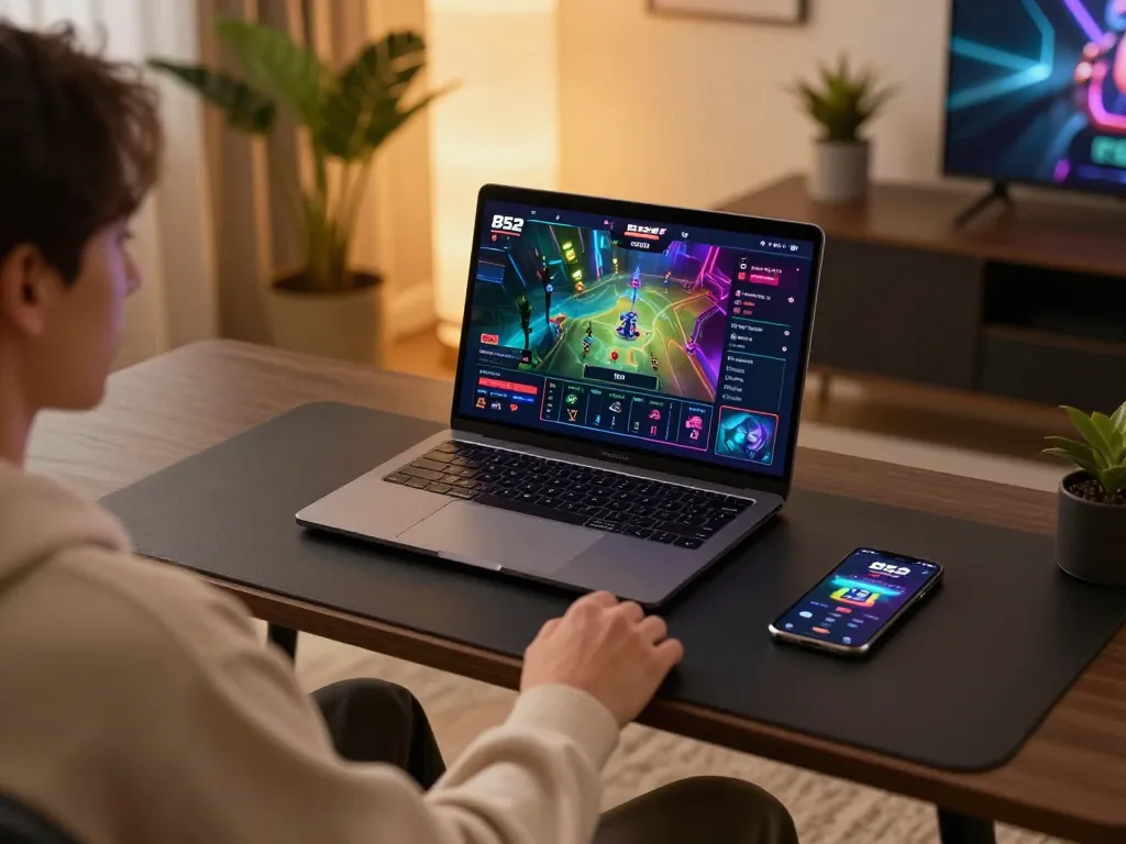 B52 club gaming interface displayed on laptop with a person enjoying online gambling.