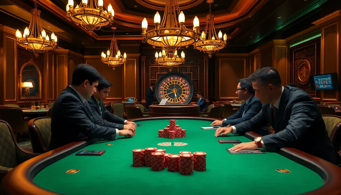 Bongdalu gamblers strategizing at a luxurious poker table in a high-stakes casino.