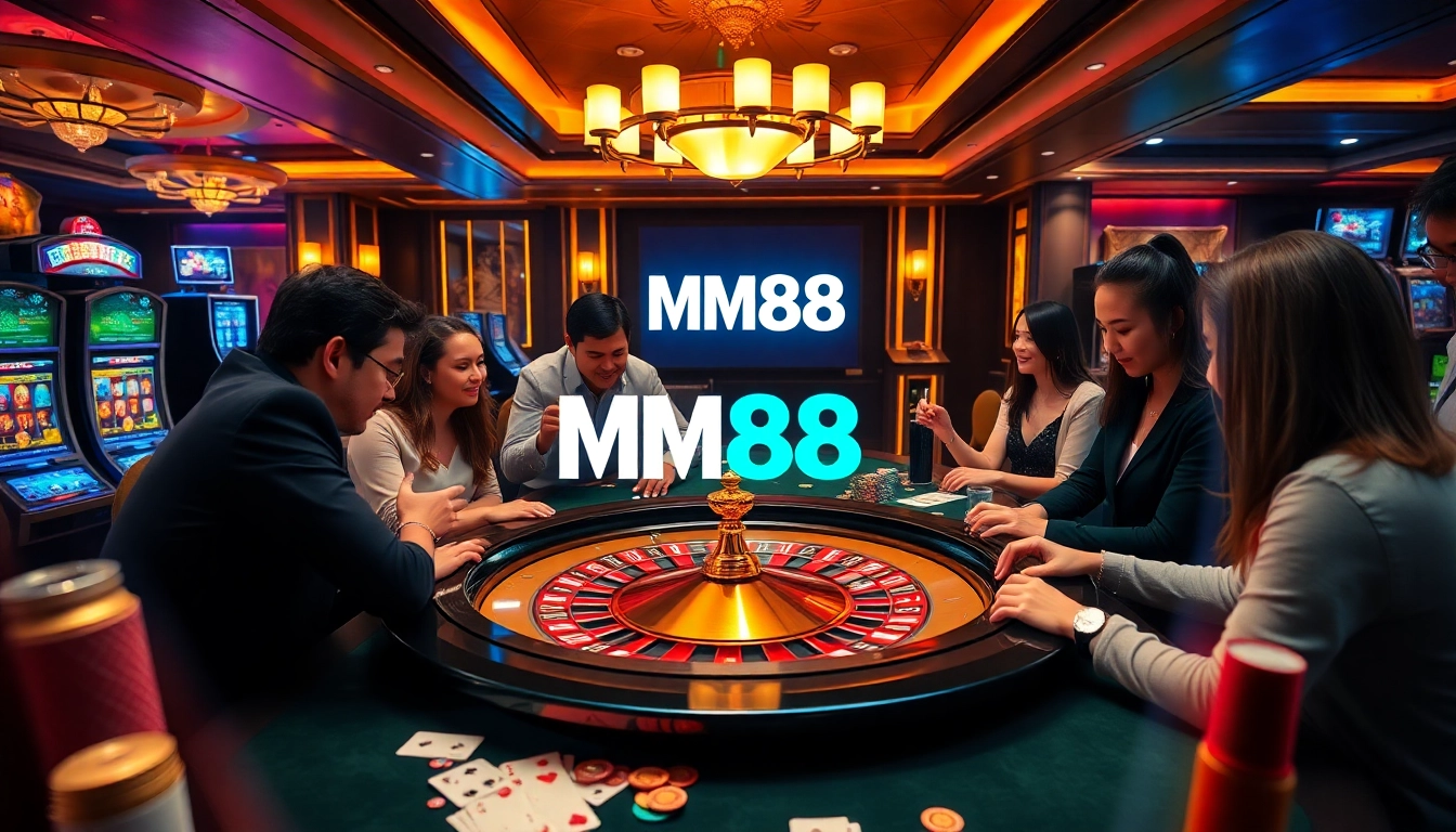 Players enjoying a thrilling casino experience at MM88 with vibrant roulette and slot machines.