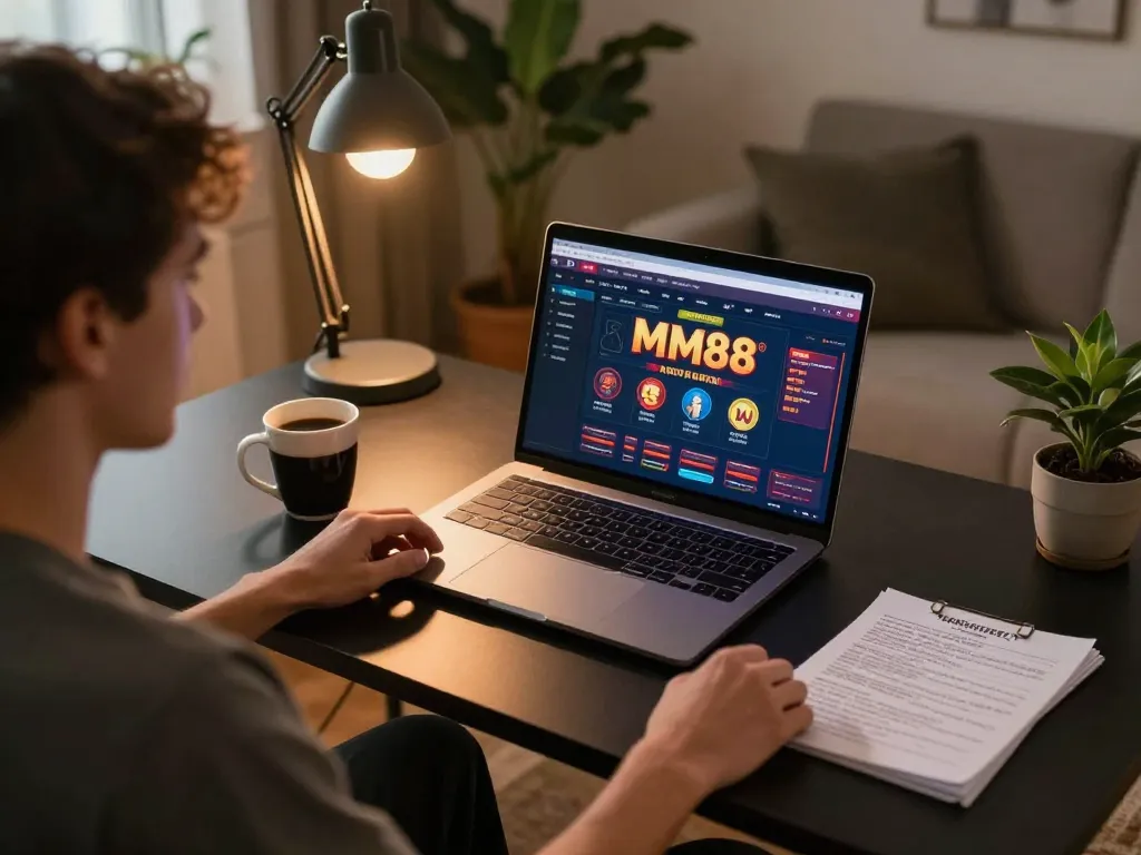 Engaged user playing MM88 casino games on laptop with strategic notes nearby, cozy home setting