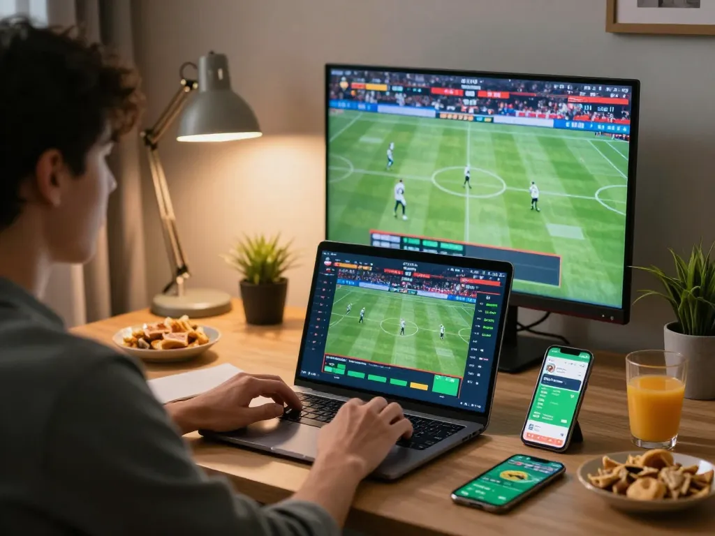 Experience the excitement of sports betting with 79KING in a cozy home setting, using a laptop and smartphone.