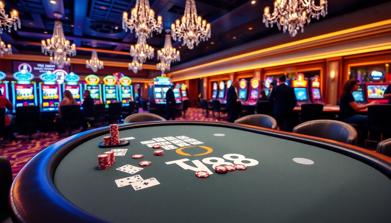 Gambling at TV88's luxurious poker table with vibrant chips and cards in play.