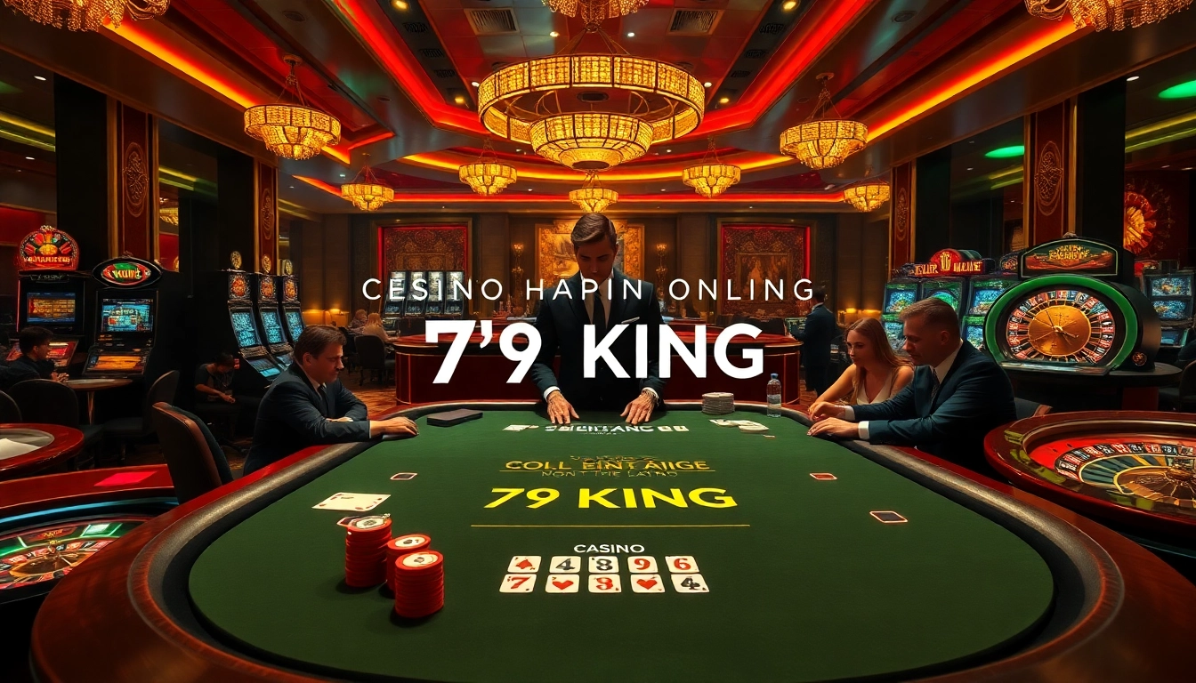 Experience the excitement of 79KING at a professional blackjack table with vibrant casino elements.