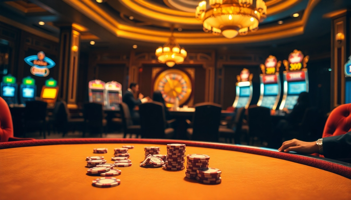 Experience high-stakes poker action at KJC's luxurious casino with vibrant chips and cards.