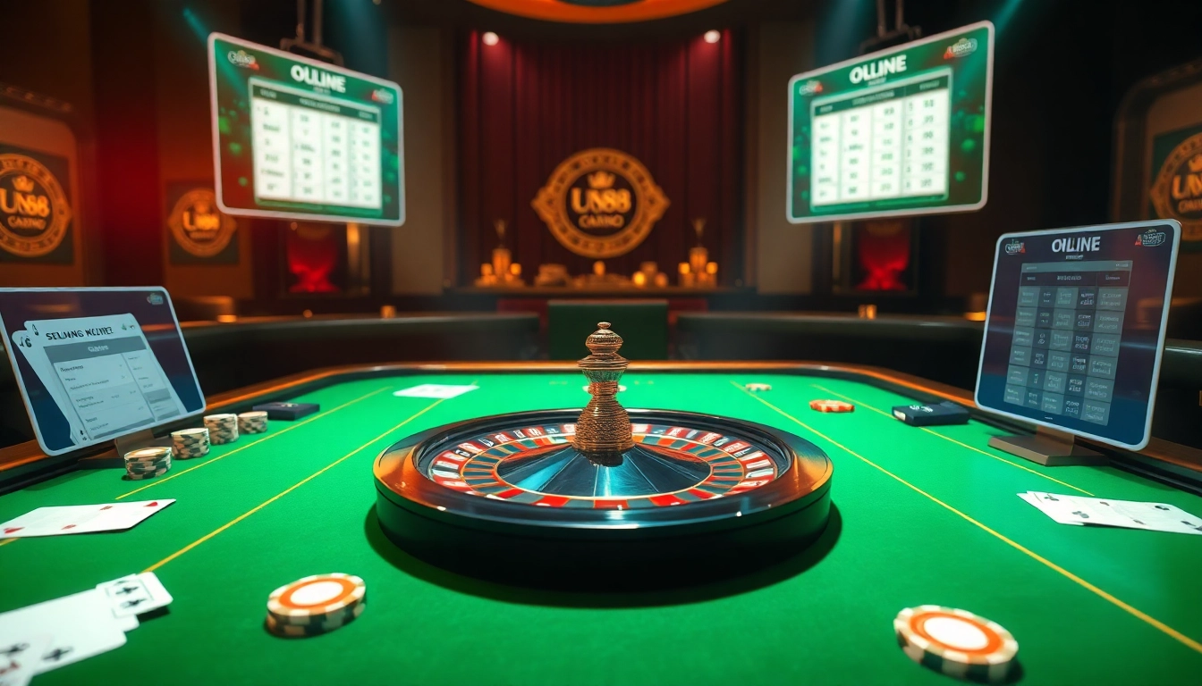 UU88 casino scene showcasing vibrant poker chips and roulette wheel in an exciting atmosphere.