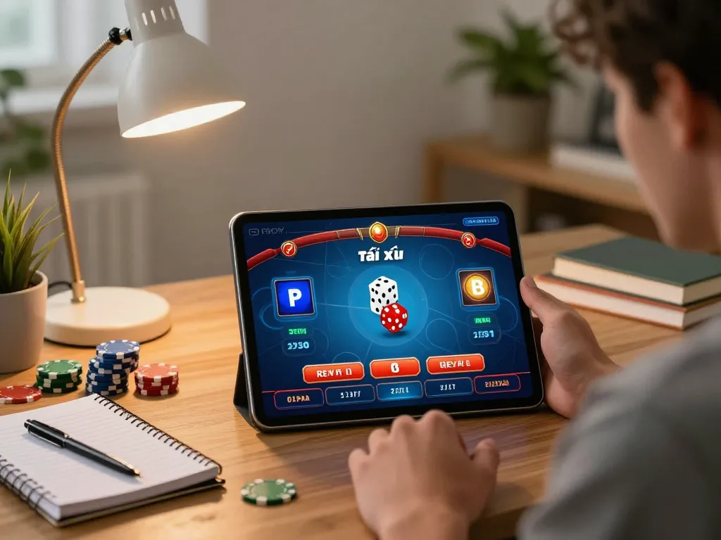 A player enjoying an exciting tài xỉu online gaming session on a tablet, surrounded by chips and strategic notes.