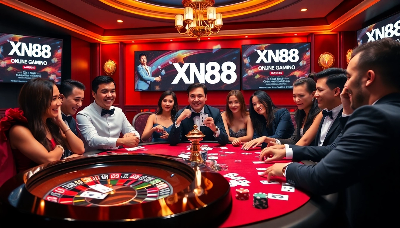 Gambling scene at XN88 with vibrant roulette, poker chips, and excited players.