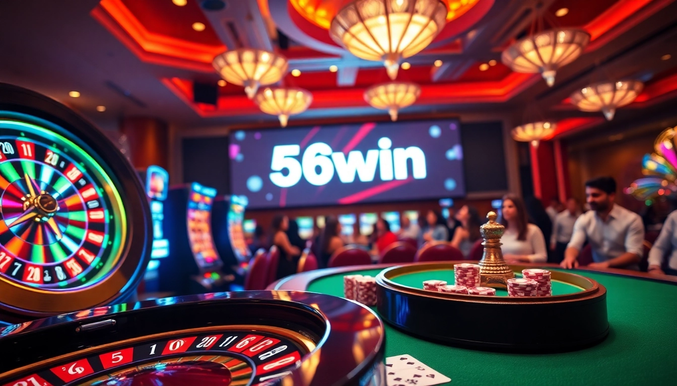 Experience the excitement of gambling at 56win with vibrant casino tables and roulette wheels.