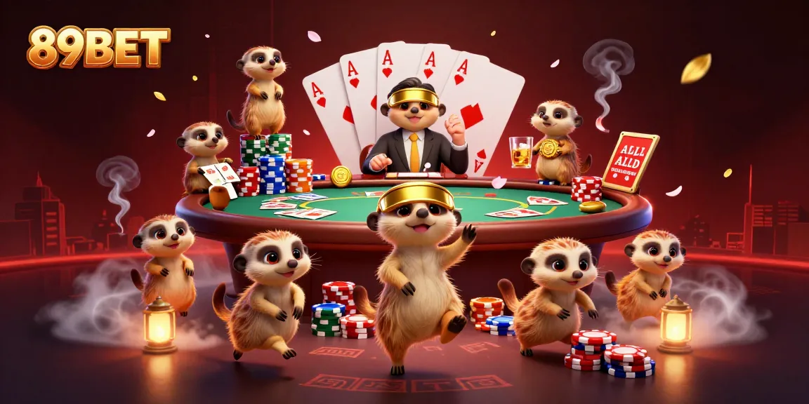 Engage with 89BET's lively casino scene featuring cartoon meerkats managing a bustling gaming floor.