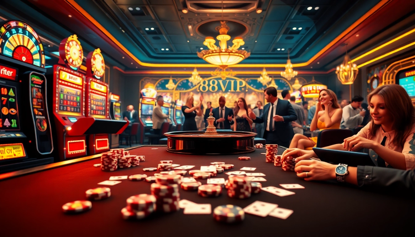 Excited players enjoying games at 68VIP online casino with vibrant slot machines and poker tables.