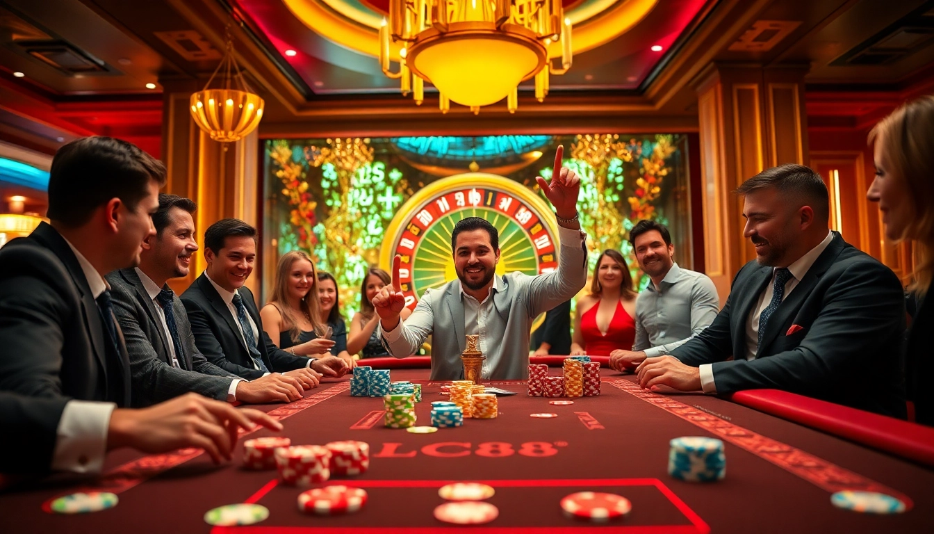 Players at the LC88 gaming table celebrate a thrilling win in a vibrant casino atmosphere.