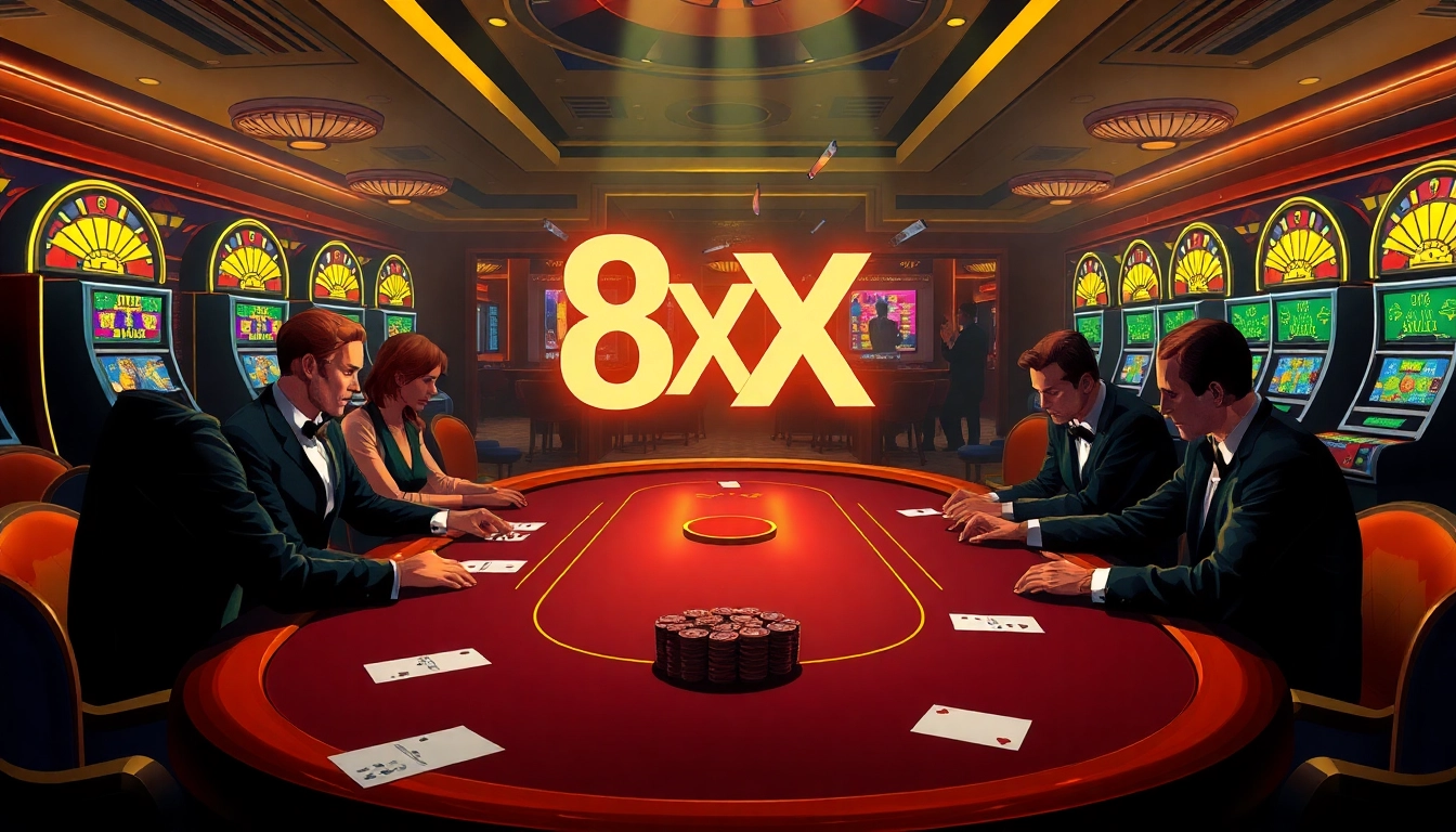 A thrilling poker game scene at a luxurious casino showcasing 8XX betting excitement.