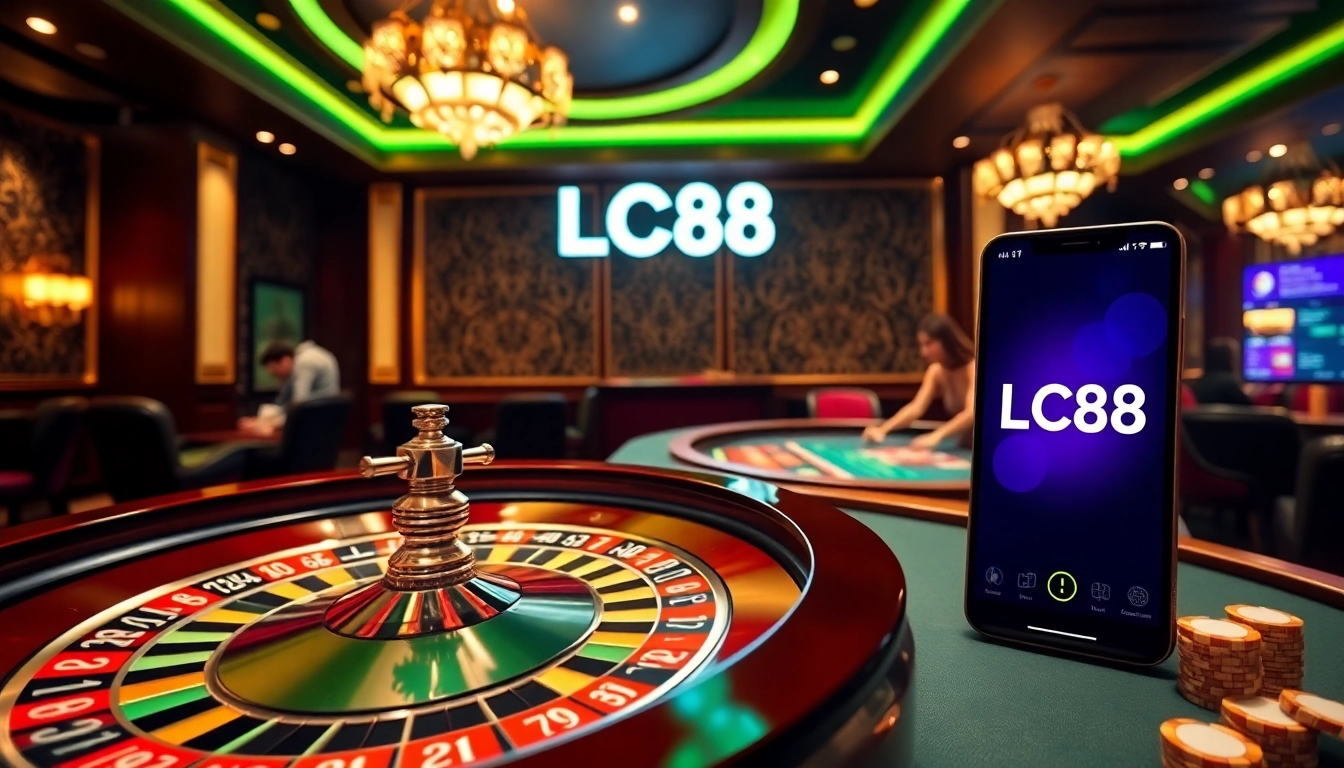Experience the thrill of LC88's vibrant online casino with roulette, poker, and stylish gaming atmosphere.