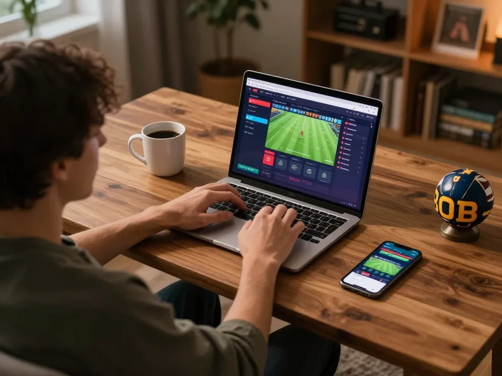 Player participating in debet online sports betting on a laptop, engaging interface on screen
