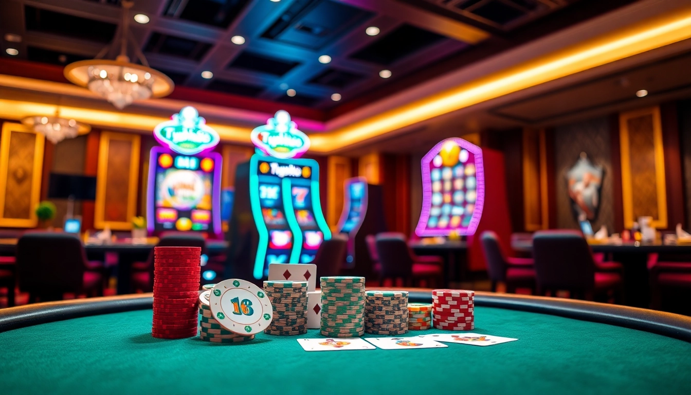 Experience the thrilling ambiance of Typhu88's luxurious casino scene with poker tables and vibrant slot machines.