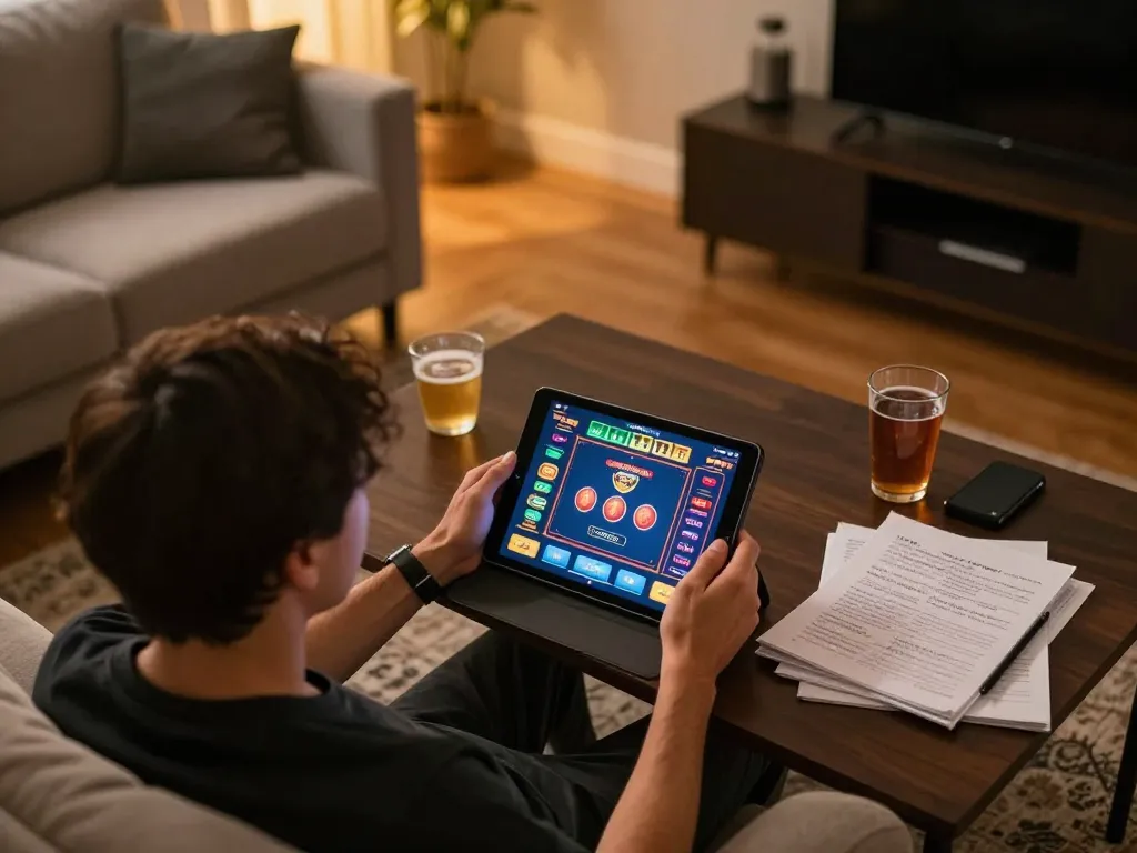 Engaging in online gaming at home on okfun, showcasing an interactive casino game on a tablet.