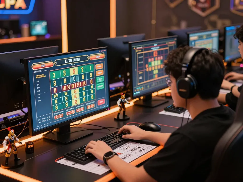 Tài xỉu online gameplay at a professional setup with multiple screens displaying betting strategies.