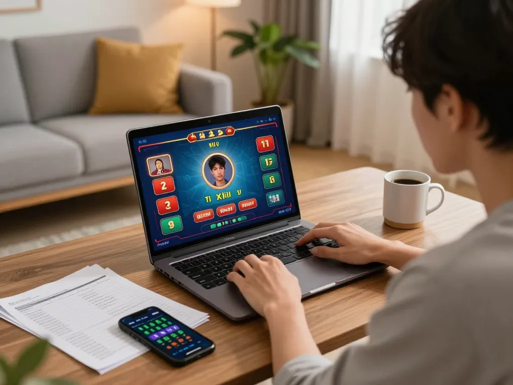 Playing game tài xỉu uy tín on a laptop with vibrant app interface and strategic notes in cozy home setup