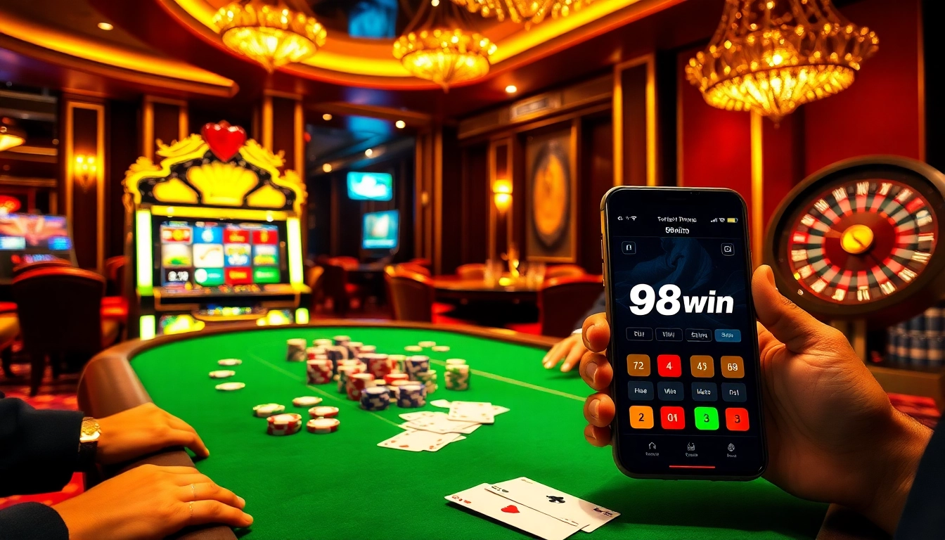 Players enjoying high-stakes poker at a luxury casino with 98win on display.