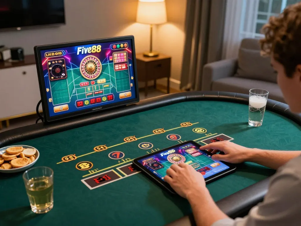 Person playing live dealer games on Five88, showcasing an engaging roulette setup in a cozy home environment.