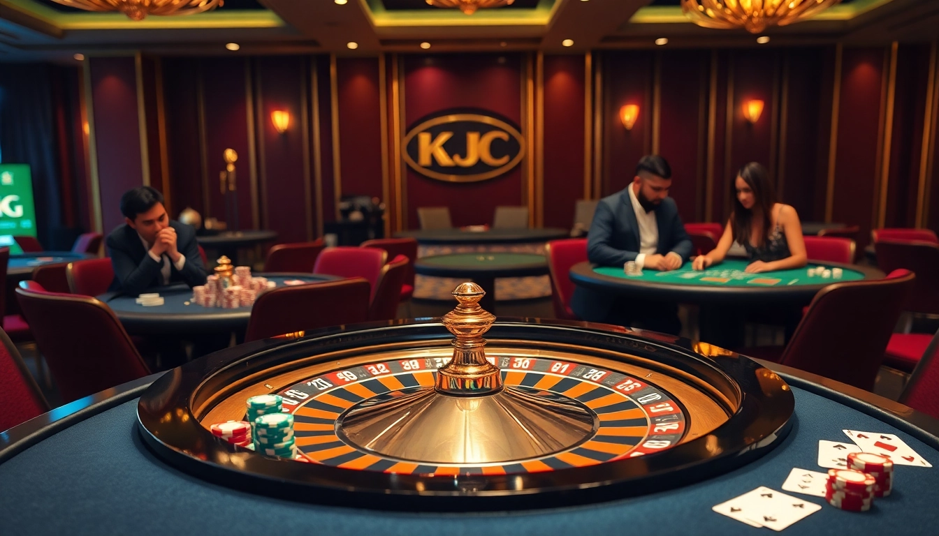 KJC branding showcased in an elegant casino with roulette wheel and active gamblers.