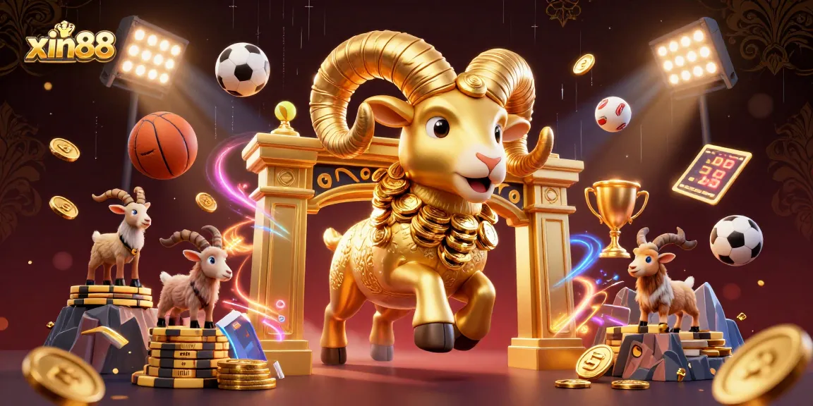 Win big with xin88 at this ultra-detailed casino illustration featuring a golden ram and dynamic sports elements.