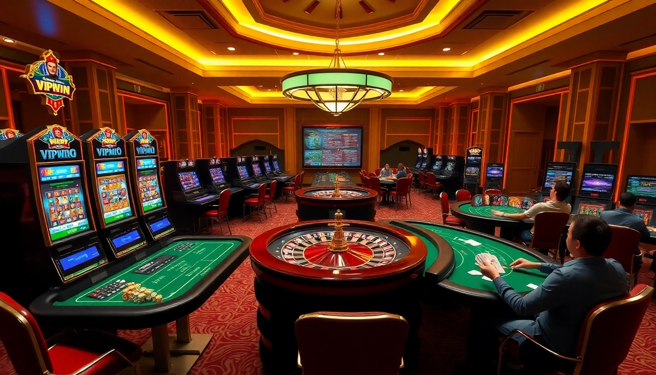 Experience vipwin excitement at a luxurious casino with vibrant slot machines and poker tables.