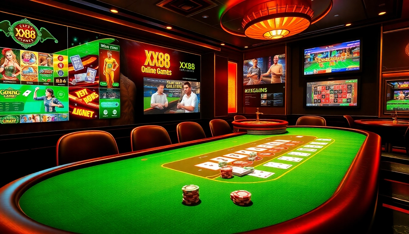 A stunning online gambling scene on XX88 featuring casino tables, poker chips, and digital gaming interfaces.
