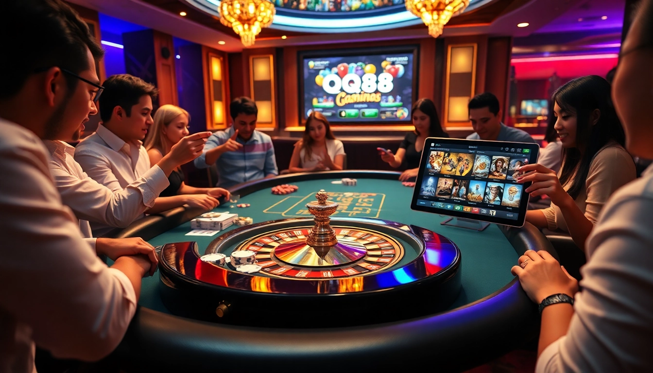 Players enjoying a thrilling game at QQ88’s luxurious casino table, showcasing poker chips and cards.