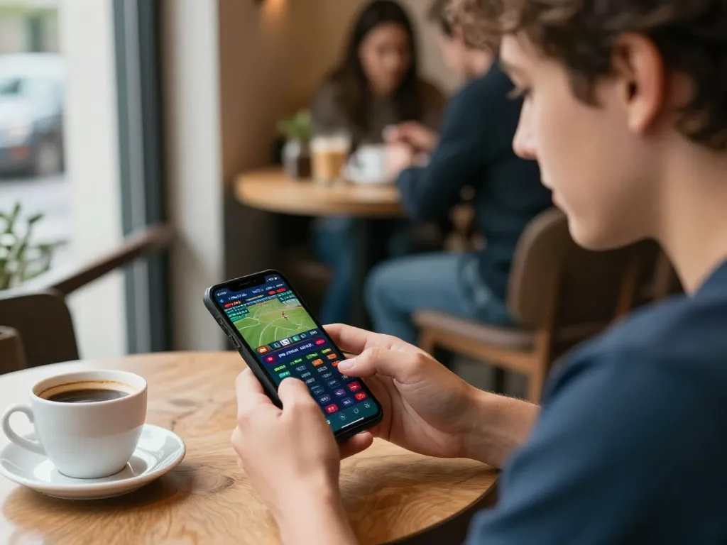 Engaging in sports betting on pfly88 app at a cozy cafe for a relaxed gaming experience