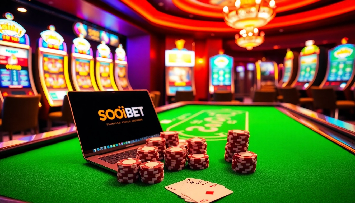 Experience the thrill of soibet ออนไลน์ with vibrant casino gaming visuals featuring poker tables and slot machines.