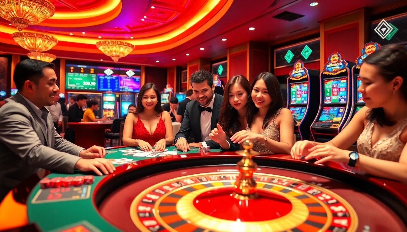 Experience the excitement at Go99 with players engaging at a vibrant casino table, roulette, and slot machines.
