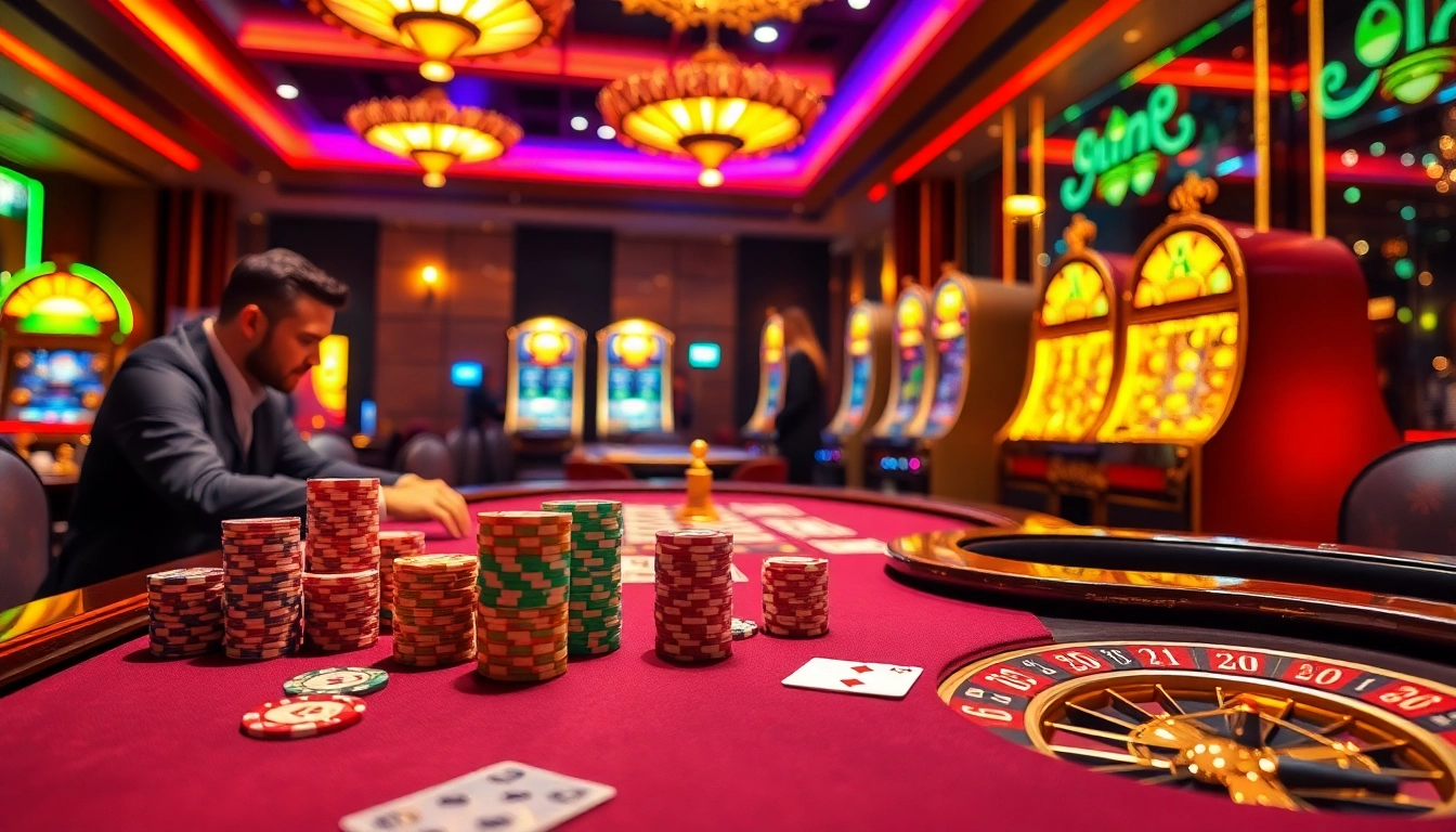 Experience the excitement of XX88 casino with vibrant gaming tables and professional dealers in a luxurious setting.