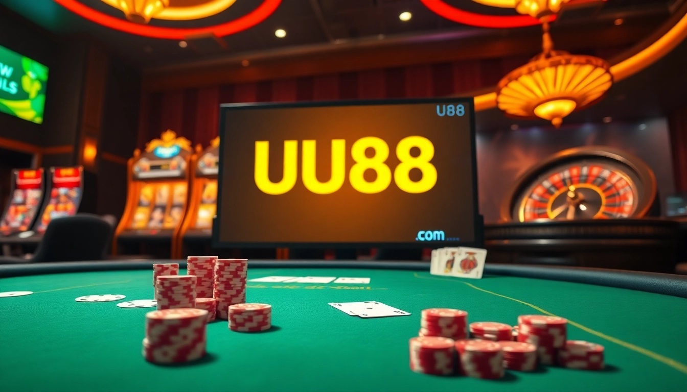 Engage with thrilling games at uu88 com featuring a luxurious casino setup with dynamic lighting and vibrant visuals.