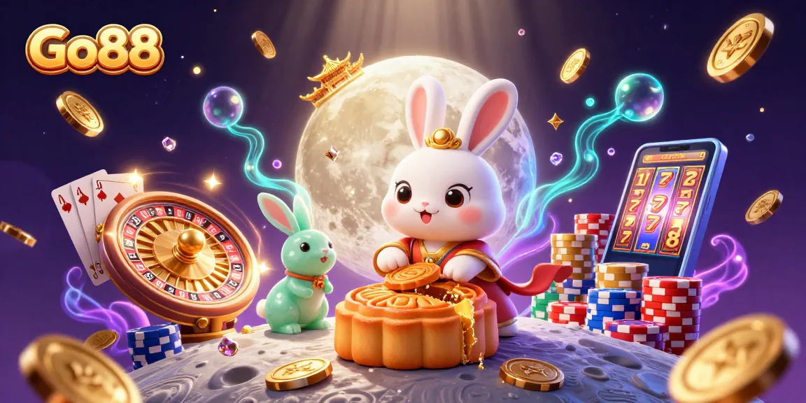 Engage in thrilling gaming at Go88 with vibrant casino visuals featuring lucky moon rabbits.
