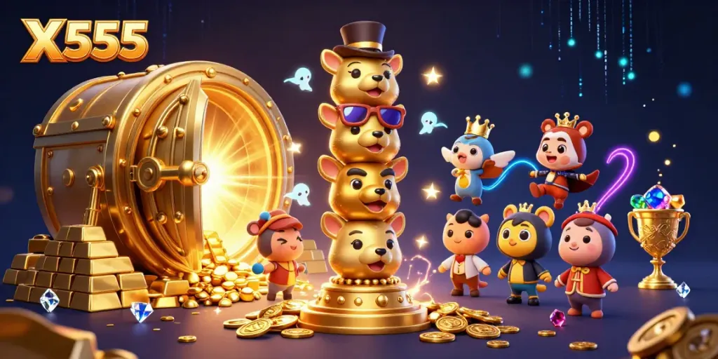 X555 gaming scene animated with a vibrant totem pole, treasure vault, and dazzling casino elements