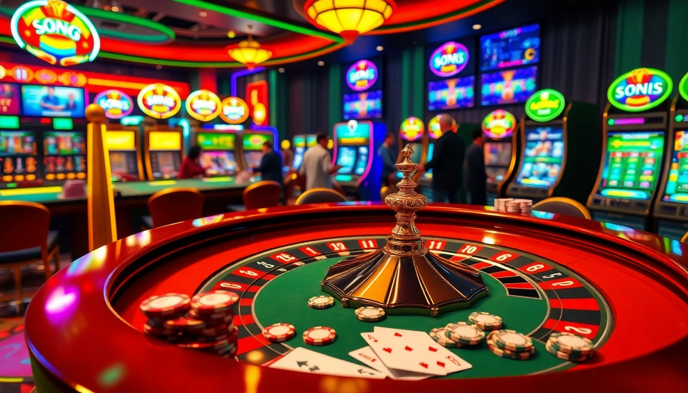 Players experience the excitement of EU9 at a vibrant casino table, showcasing roulette and cards.