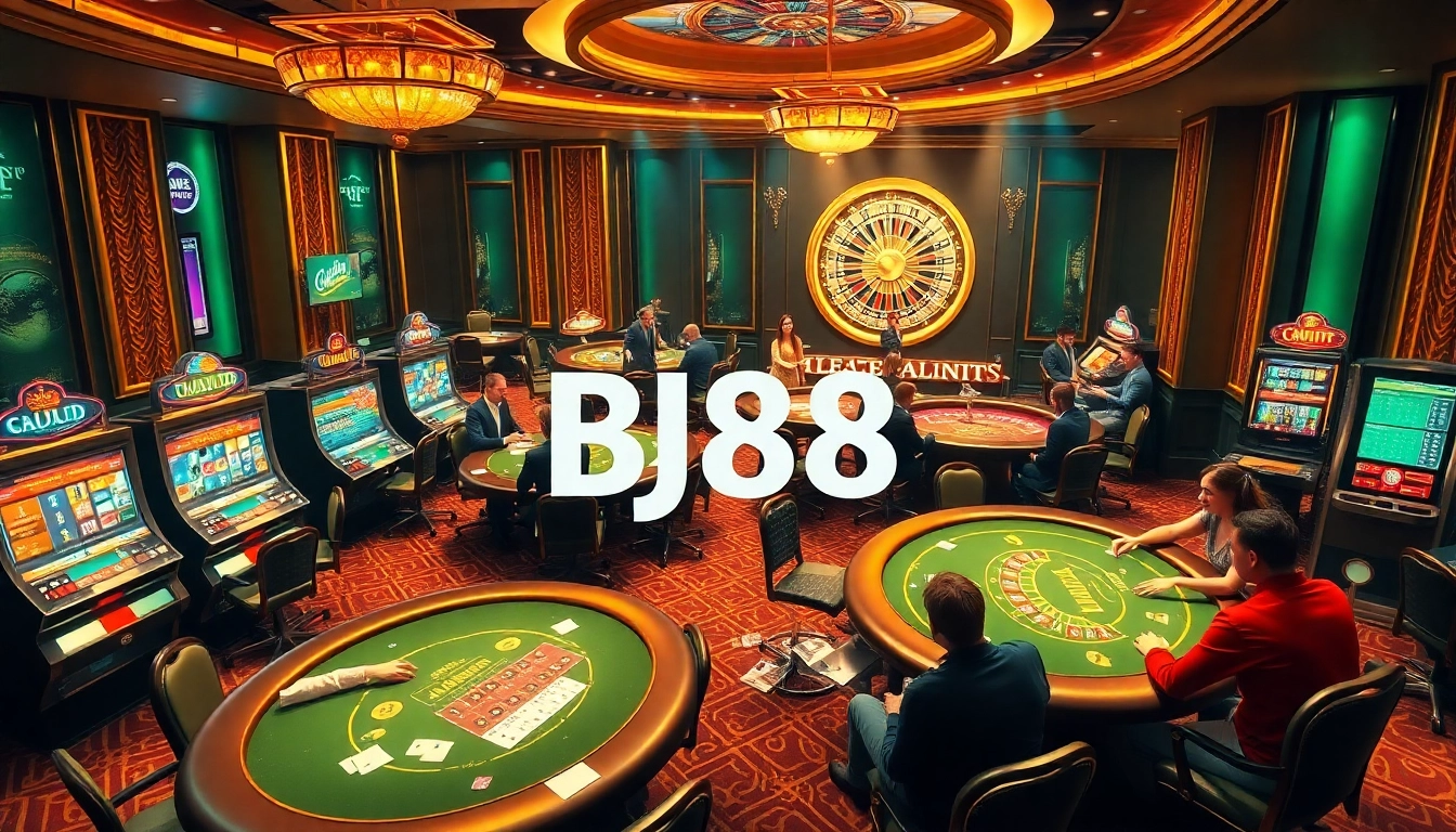 Experience thrilling gambling action at BJ88 casino with vibrant gaming tables and colorful slot machines.