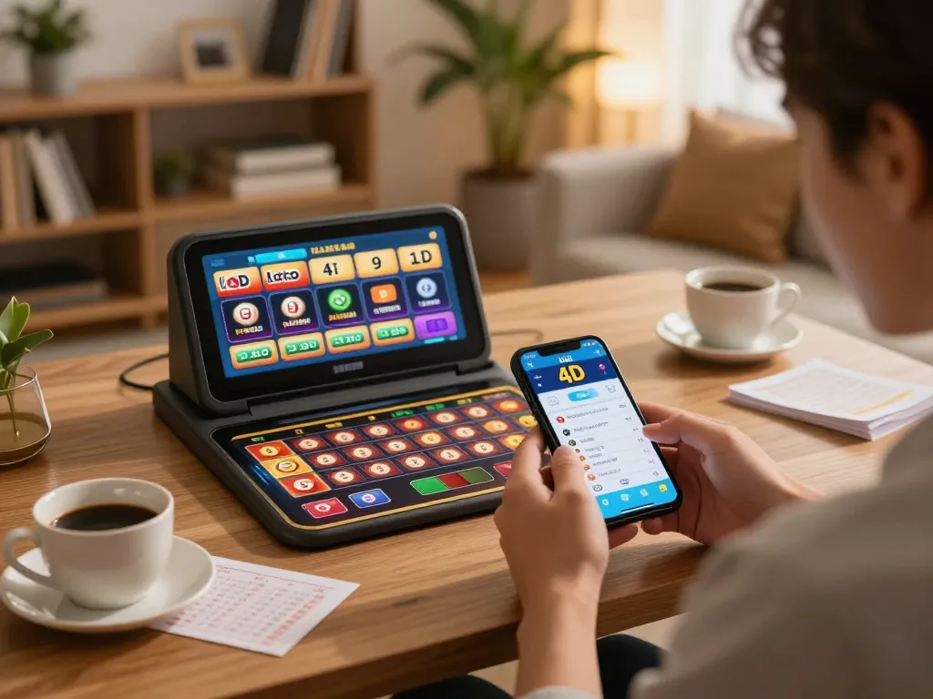 Check 9 Lotto 4D results on a smartphone in a cozy home gaming setup