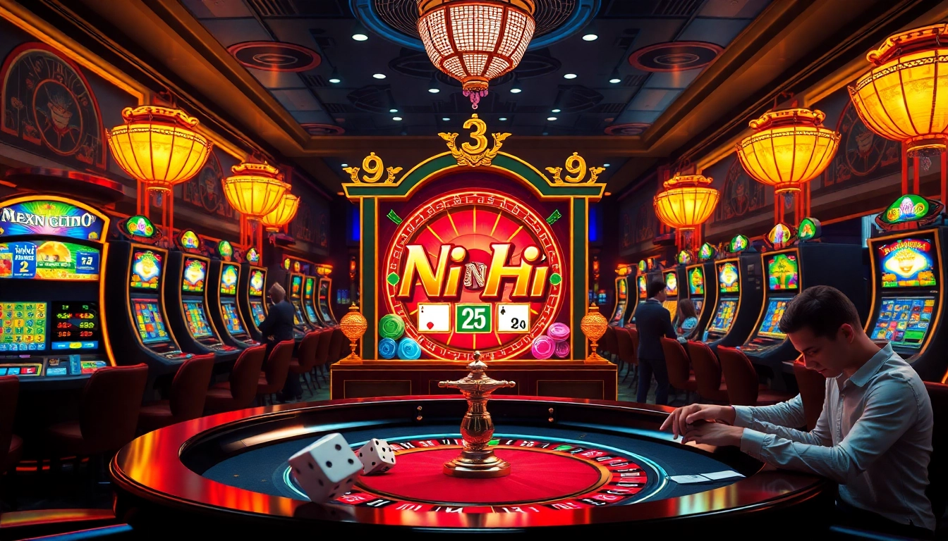 Nổ hũ slot machine illuminated in a glamorous casino setting, evoking excitement and winning potential.