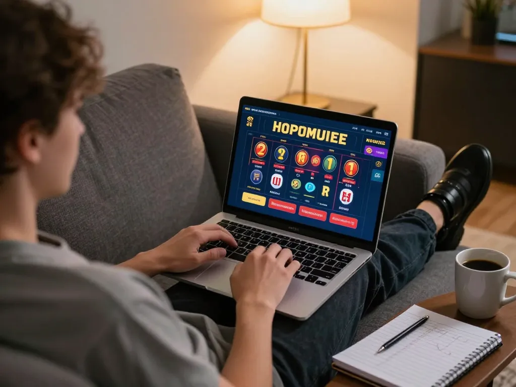 Engaging in real money pokies Australia on a laptop at home, showcasing responsible gaming.