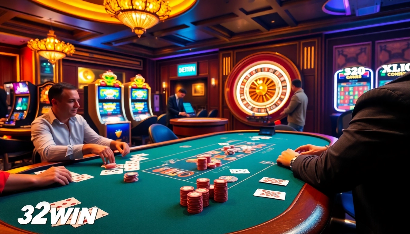 High-stakes players enjoying poker at 32WIN casino, highlighting vibrant chips and gleaming cards.