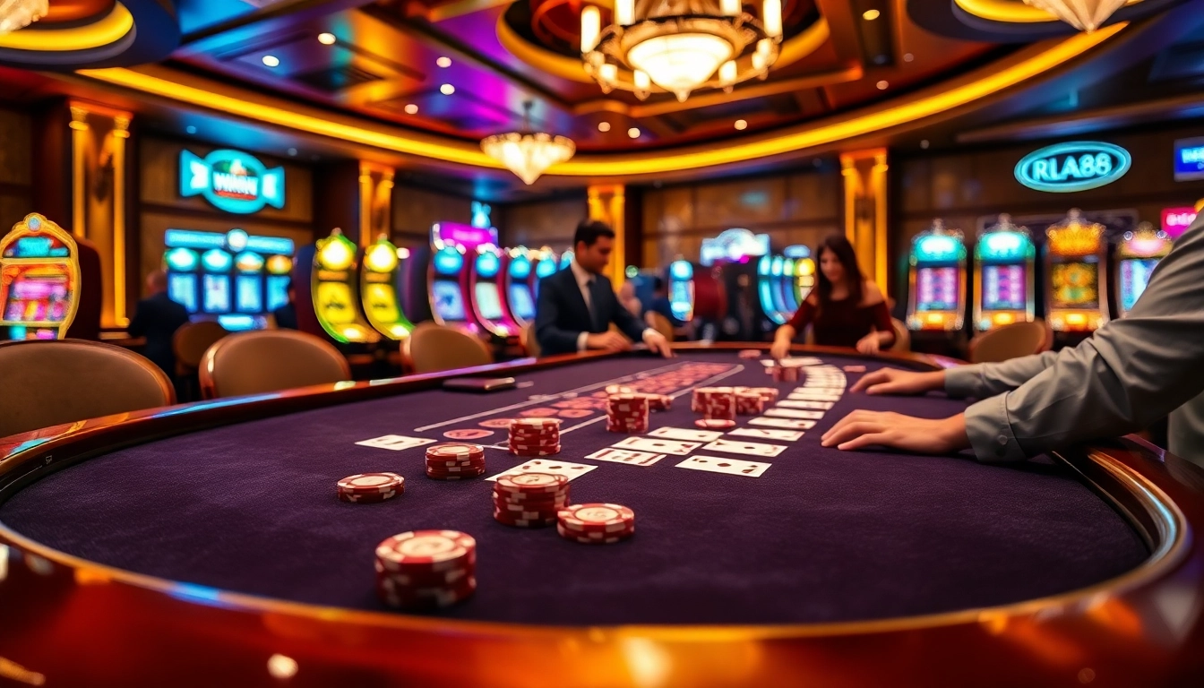 RR88 casino table featuring lively blackjack gameplay amidst luxurious decor for online gamblers.