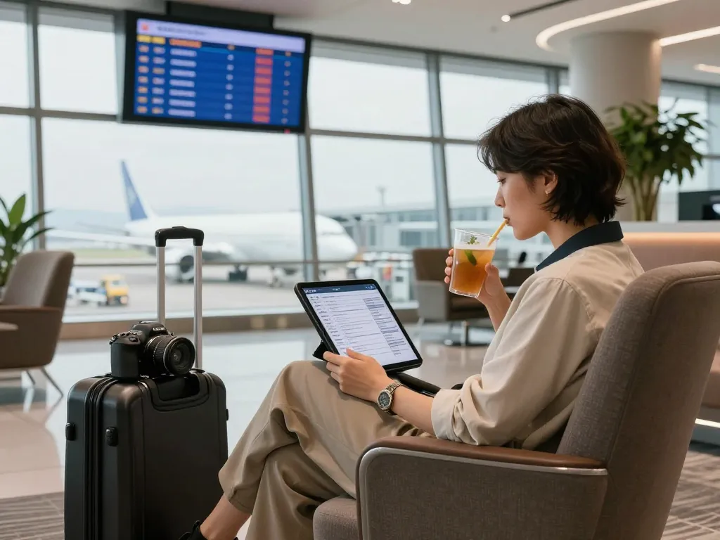 Air traveler enjoying comfort in airport lounge with 789P flight itinerary on tablet