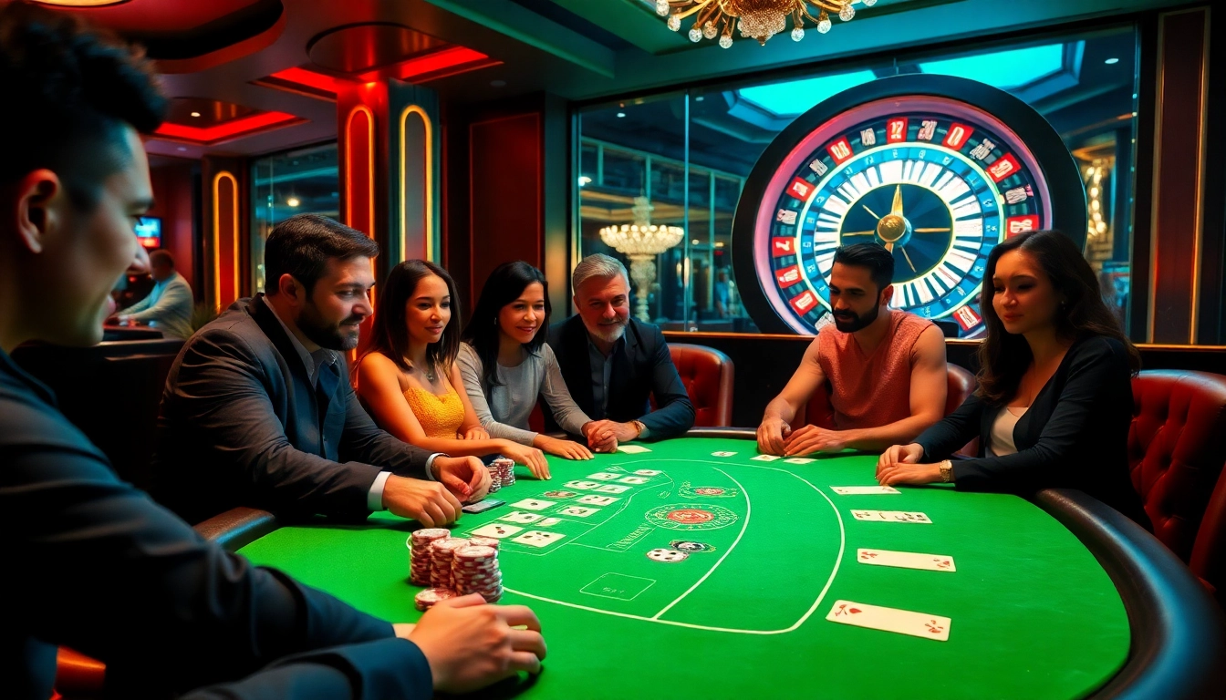 Players engaging intensely at an i9bet blackjack table with vibrant casino atmosphere.